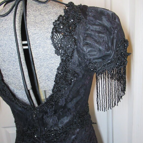 Lorrie Kabala Vintage 1980s Black Lace Bead & Sequin Encrusted Mermaid Gown 10 - Picture 11 of 17